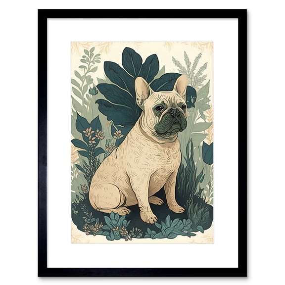 French Bulldog and Tropical Plants Modern Pastel Colour Boho Illustration Artwork Framed Wall Art Print 9X7 Inch