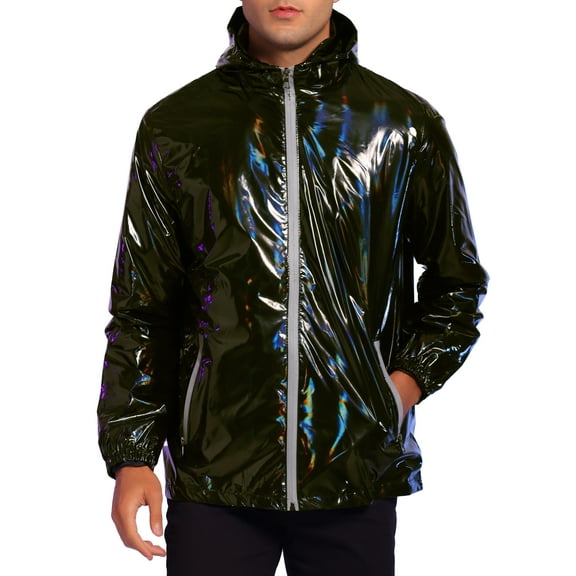 INSPIRE CHIC Metallic Jacket for Men's Sparkle Zipper Hooded Windbreaker Black M