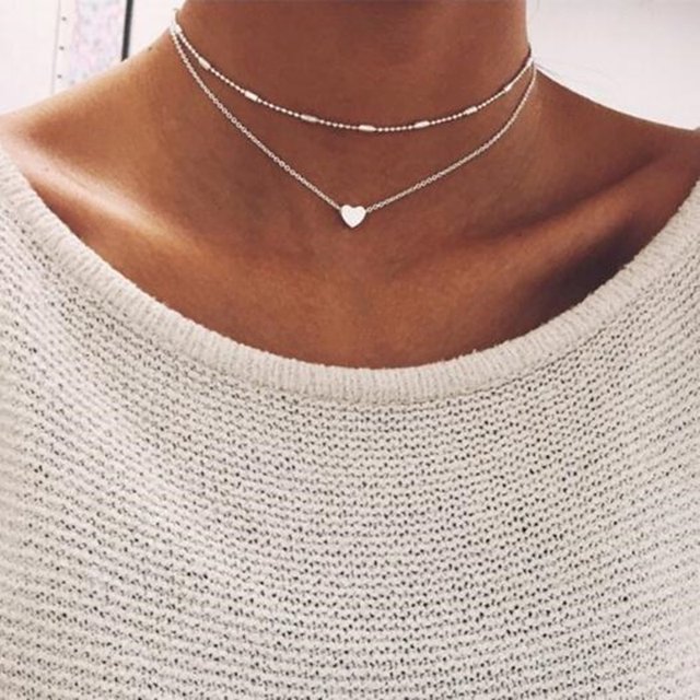 2 collares dobles de corazón de melocotón, cadena de clavícula, plata XianweiShao 1327533319850