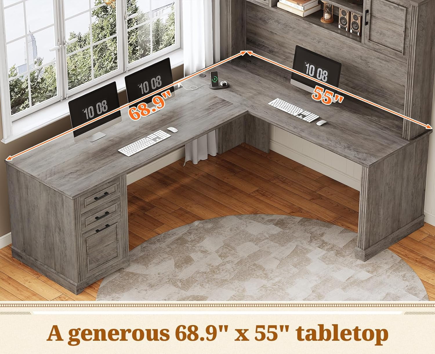 Farmhouse L Shaped Desk with Hutch and 3 Drawers, 68.9" Executive Office Desk with Power Outlet Open Shelves, Elegant Corner Desk Computer Desk with Storage Shelves for Home Office, Grey