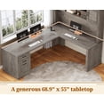 thumbnail image 6 of Farmhouse L Shaped Desk with Hutch and 3 Drawers, 68.9" Executive Office Desk with Power Outlet Open Shelves, Elegant Corner Desk Computer Desk with Storage Shelves for Home Office, Grey, 6 of 7