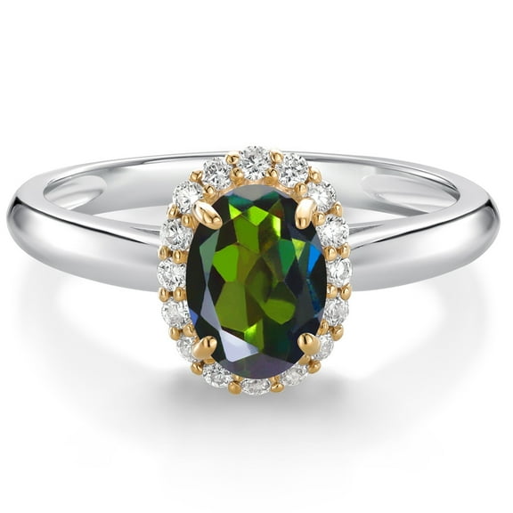 Gem Stone King 10K White and Yellow Gold Tourmaline Green Mystic Topaz and White Lab Grown Diamond Halo Engagement Ring for Women (0.93 Cttw, Gemstone, Oval 7X5MM, Size 7)