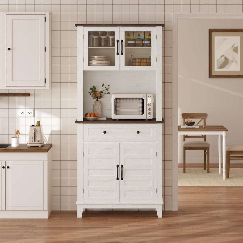 TROPOW Multi-Functional Hutch – Elegant 72" White Pantry Coffee Bar Cabinet for Tall Kitchen Storage with Adjustable Shelves, Glass Doors & Drawer – Ideal for Dining Room and Kitchen