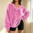 thumbnail image 3 of Resicozy Fuzzy Flannel Sweatshirt for Women Fluffy Pullover Sweaters Long Sleeve Oversized V Neck Sweatshirt Hot Pink M, 3 of 9