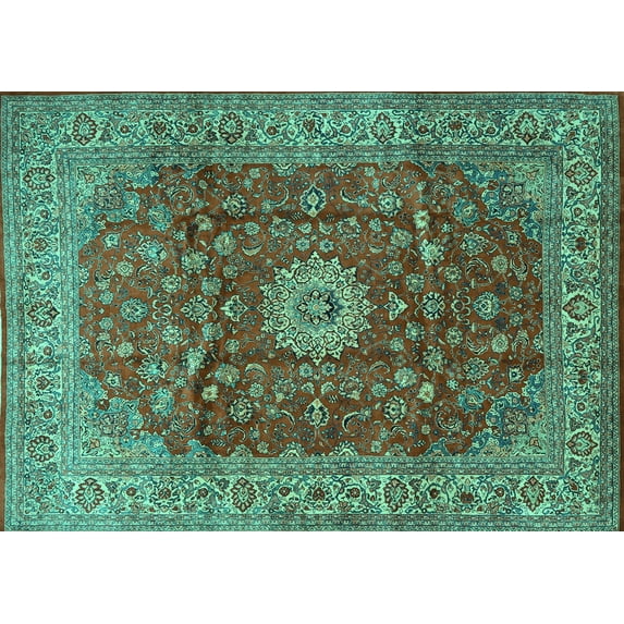 Ahgly Company Machine Washable Indoor Rectangle Medallion Turquoise Blue Traditional Area Rugs, 8' x 10'