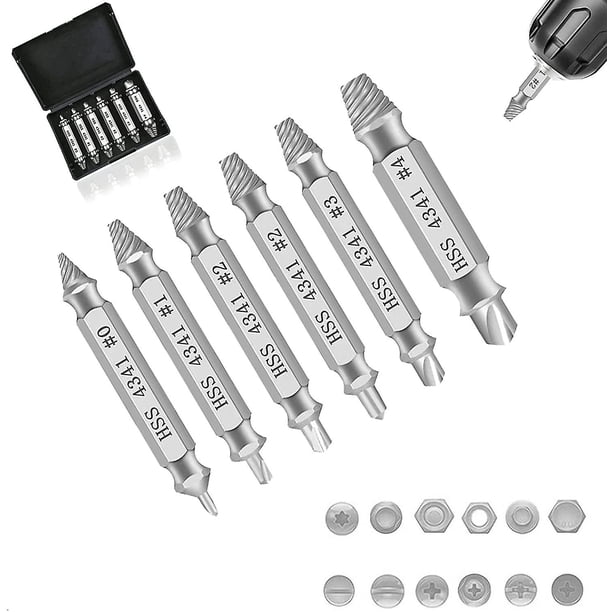 Juego de extractores de tornillos, 6 piezas, diferentes modelos de extractores de tornillos, extractor de tornillos antióxido recubierto de titanio Hss 4341 Material de acero de alta velocidad Scr Feliz Sencillez