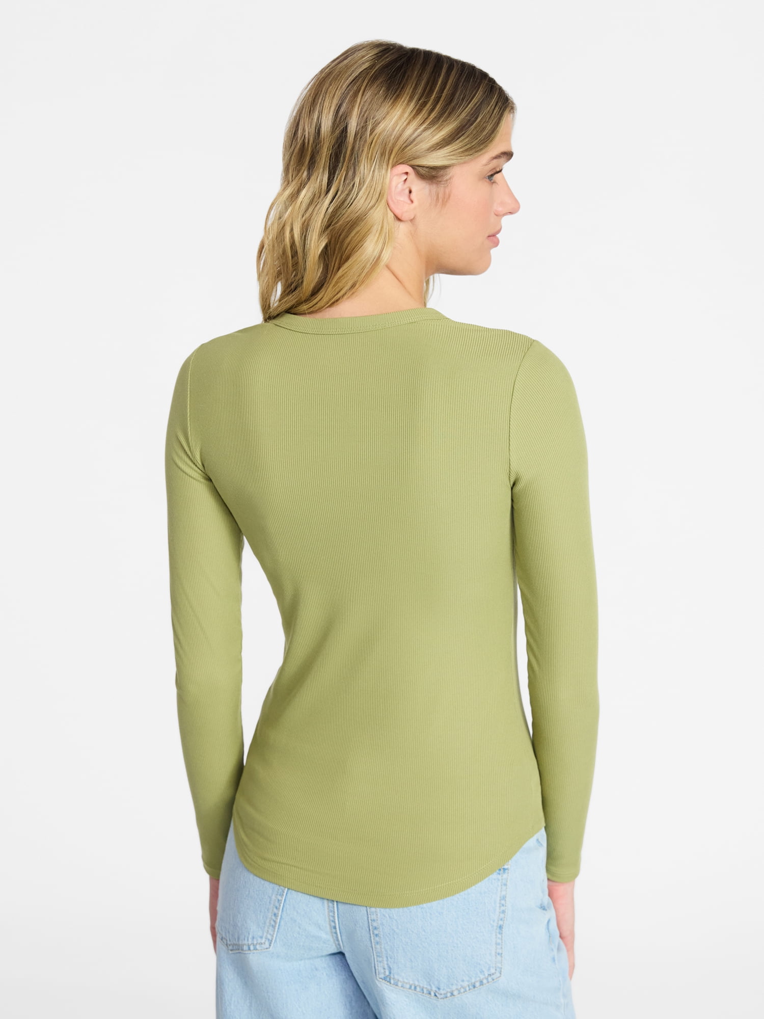 No Boundaries Crew Ribbed Tee with Long Sleeves, Women's XXS-XXL