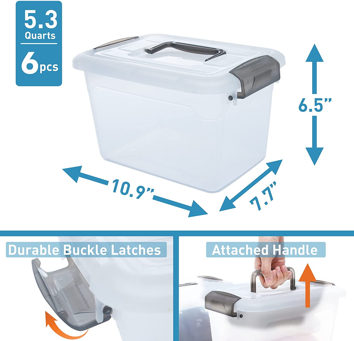 6 Qt Small Storage Bin with Lids Handle 6 Packs Clear Stackable Craft Toy Organizer for Kids