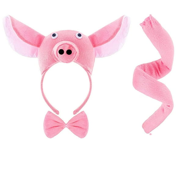 Pink Pig Kids Dress up Set - Pig Ears Headband, Nose, Tail, and Bow Tie - Perfect for Piglet Party, Mardi Gras, Animal Trick or Treat Play - 3PCS Pig