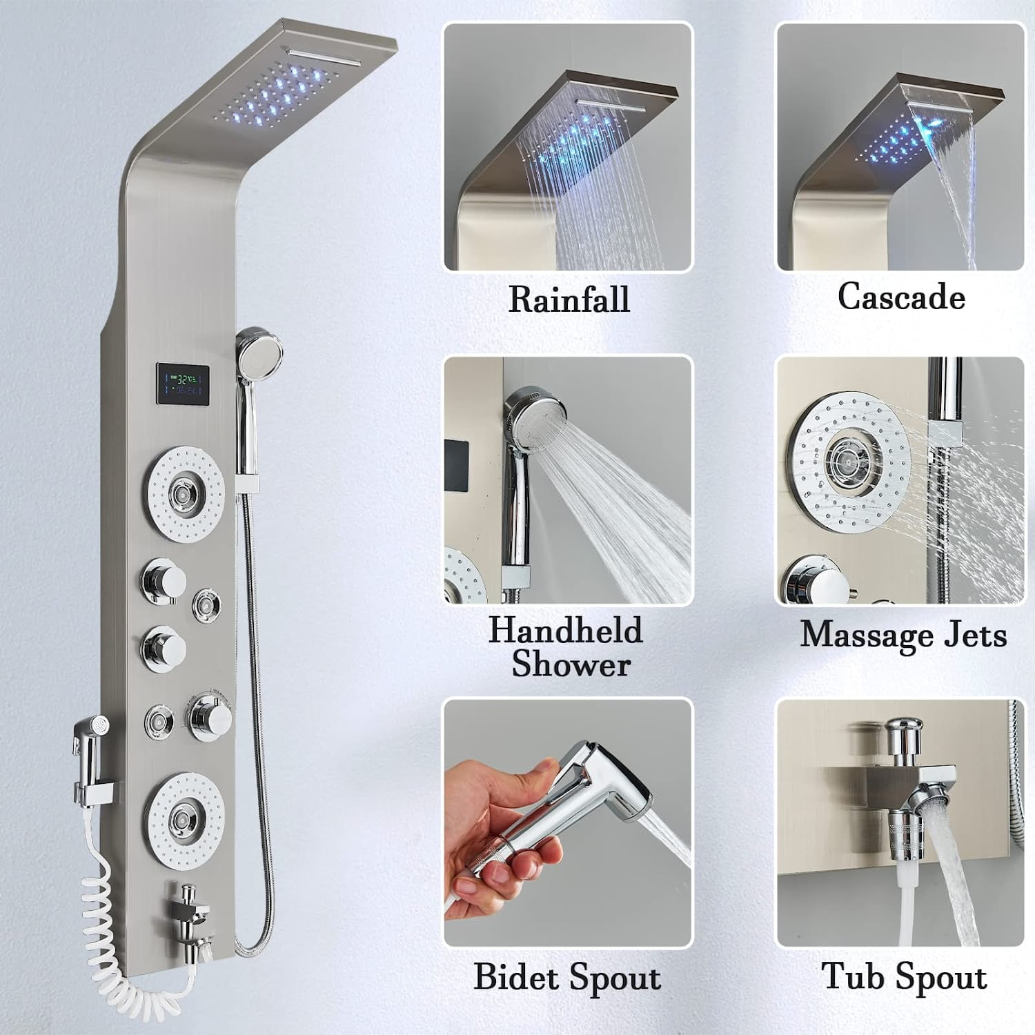 Zovajonia Led Shower Panel Tower System,50 Inch Multi-Function Shower Tower ，Waterfall Showerhead，Shower jets，Brushed Nickel Rain Shower System