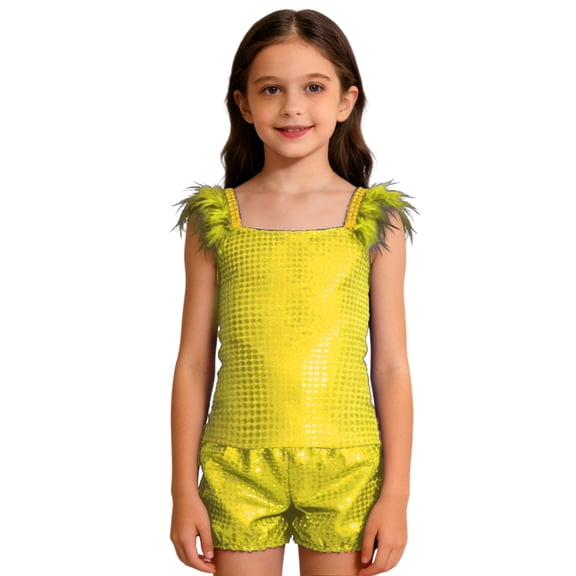 CAIVO Kids Girls Glam Performance Outfit Sets Sequin O-Neck Sleeveless Tops And Shorts For Stage Show Party Comfort Clothes Sets
