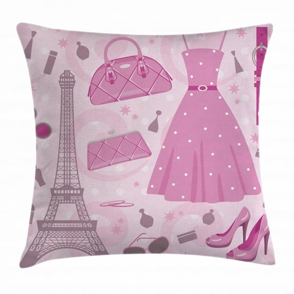 Heels and Dresses Throw Pillow Cushion Cover, Paris Fashion Atelier French Boutique Feminine Glamor Eiffel, Decorative Square Accent Pillow Case, 16 X 16 Inches, Baby Pink Mauve Magenta, by Ambesonne