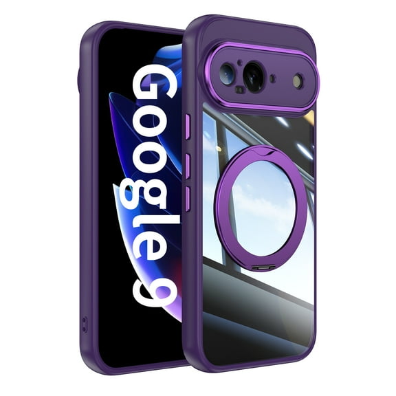 for Google Pixel 9 Case with Lens Protector, [Foldable Stand & Rotatable Ring Holder], Glossy Shockproof Bumper Dustproof Clear Women Men Case for Google Pixel 9, Darkpurple