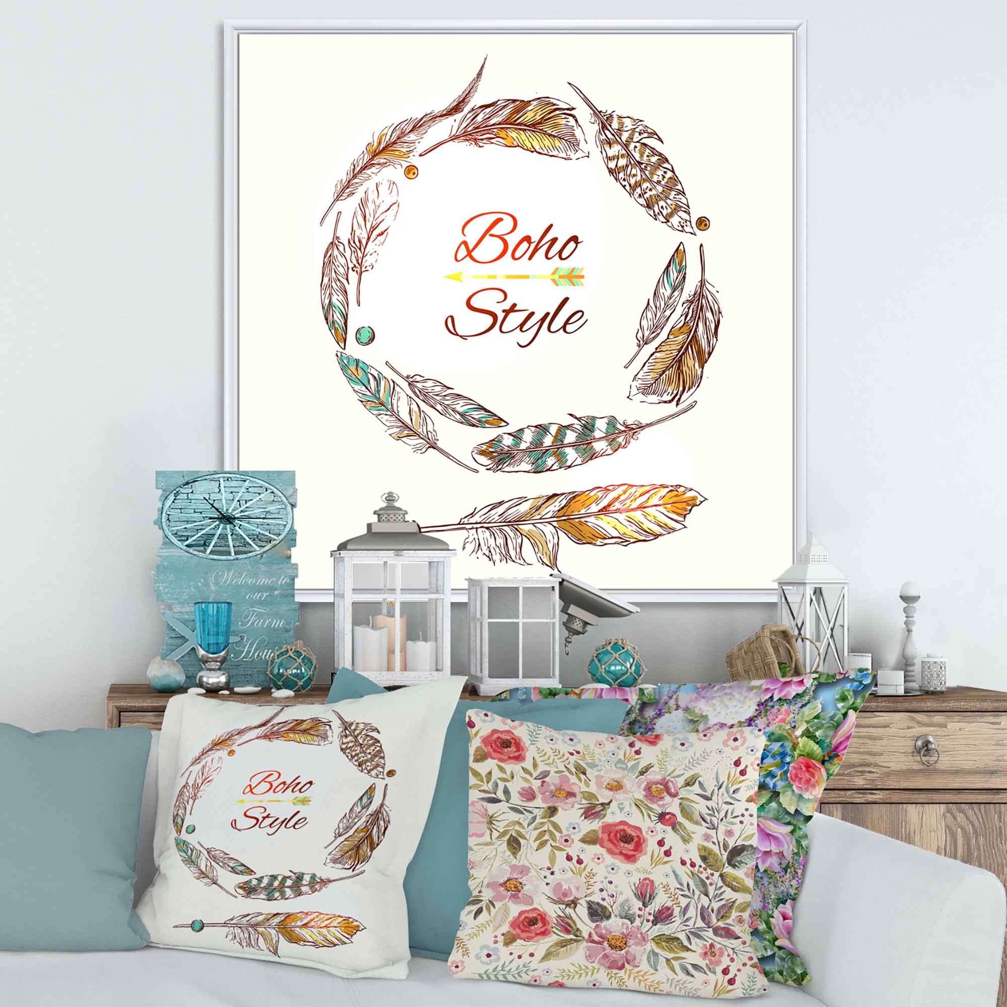 Designart 'Wreath Of Ethnic Beige Boho Feather' Bohemian & Eclectic Framed Canvas Wall Art Print