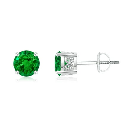 May Birthstone Earrings Vintage Style Round Emerald Solitaire Stud May Birthstone Earrings Vintage Style Round Emerald Solitaire Stud In 950 Platinum 5