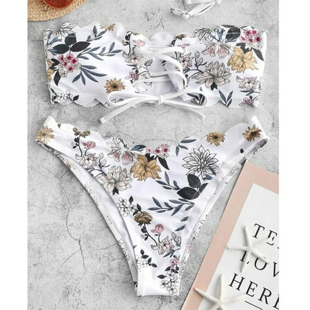 Rigardu Hot Sale!! High Waisted Bikini for Women Tummy Control Bottoms Push Up Crop Top Swimsuit 2 Piece Strapless Bathing Suits Laceup Bandeau Floral Scalloped Bikini Set White L