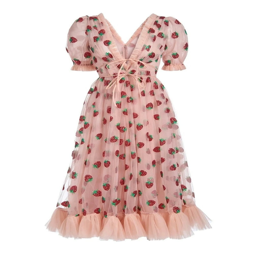 Women Strawberry Dress Short Long Sleeve V-neck Slim Fit A-line