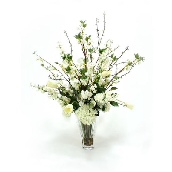 Distinctive Designs 17072 Waterlook Cream White Garden Mix in Fluted Glass Vase - Neutrals