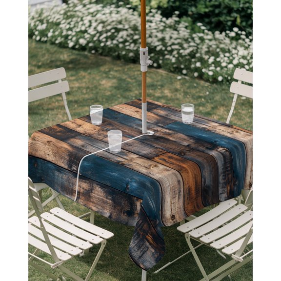 Outdoor Tablecloth with Umbrella Hole, Country Vintage Wood Board Zippered Table Cloth for Rectangle Tables, Rustic Mottled Shabby Wooden Washable Waterproof Tablecloths for Picnic Patio Garden