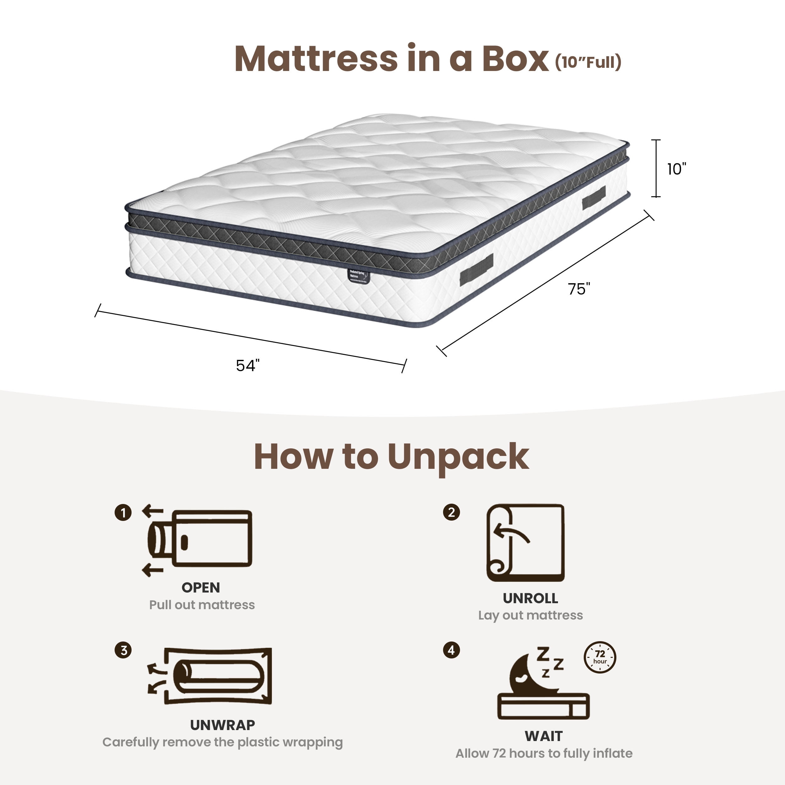 Full Size Mattress, 10 inch Hybrid Mattress in a Box, Memory Foam Pocket Coils Innerspring Mattresses, Fiberglass Free, Pressure Relief, Medium Firm