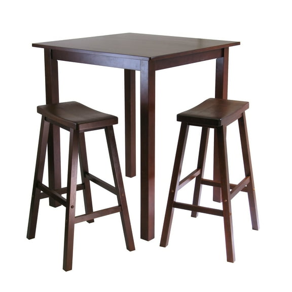 Contemporary Home Living Set of 3 Antique Walnut Finish Square High Pub Table Set with 2 Saddle Seat