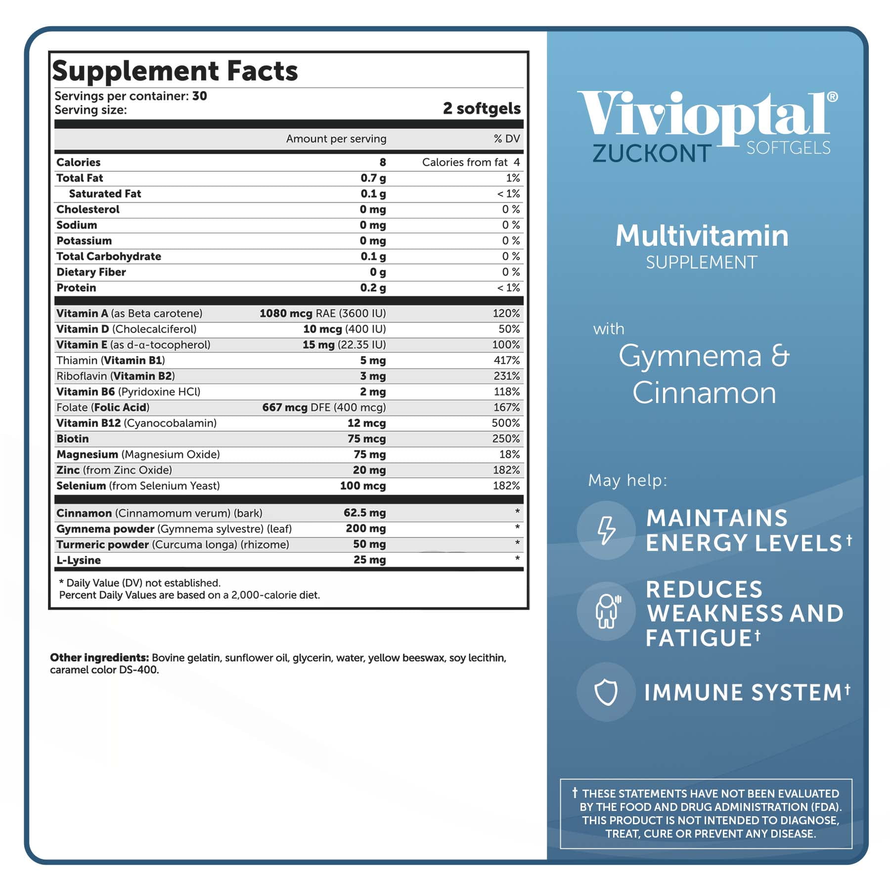 Vivioptal Zuckont 60 Softgels, Gymnema & Cinnamon, Multivitamin & Multimineral, Gluten Free, German Formula
