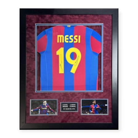 Lionel Messi  Lamine Yamal Autographed Barcelona Shirt Framed to 32x40 Icons