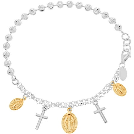 Lesa Michele Sterling Silver Three-Tone Religious Disc and Cross Charm Bracelet in Sterling Silver