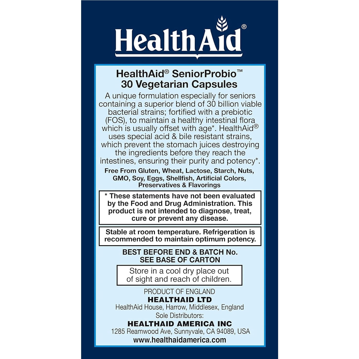 HealthAid Seniorprobio, Once Daily, 30 Billion with Prebiotic, Acid & Bile Resistant, Lactose, Gluten, and GMO Free, Vegetarian, 30 Capsules
