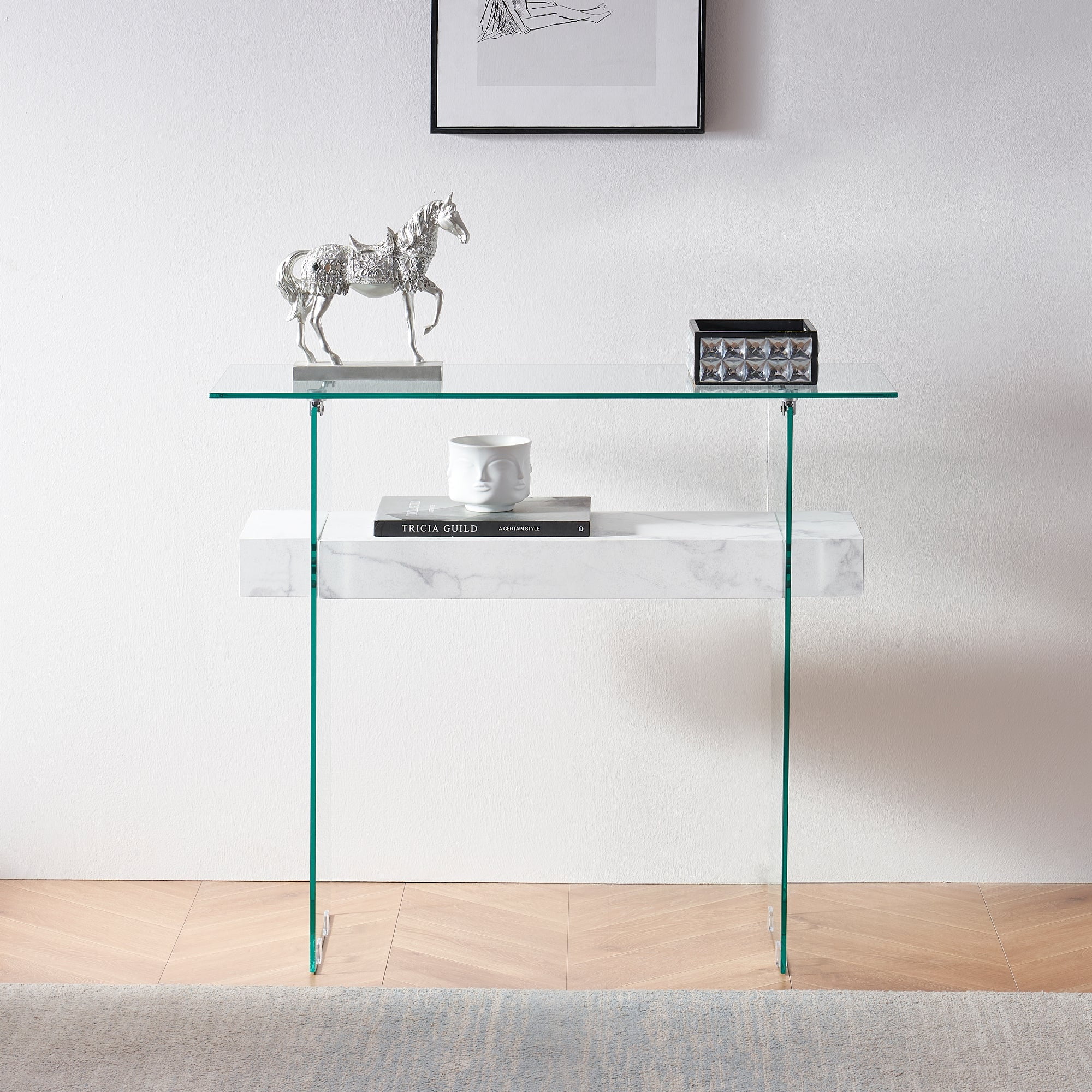 ivinta Narrow Glass Console Table with Storage Modern Sofa Table Entryway Table Glass Writing Desk Small Computer Desk TV Table Buffet Table Modern Accent Table for Small Space