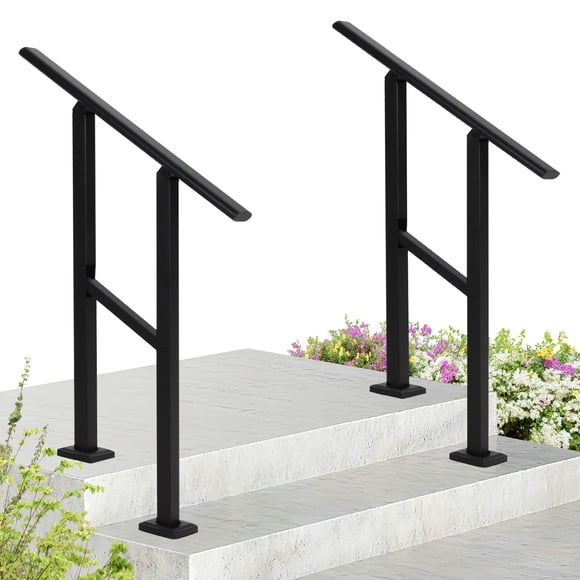 Adjustable 2-Step Metal Stair Hand Rail – Black Iron Railing Kit for Indoor and Outdoor Stairs – Stable 75° Angle, Easy Installation – Color: Black, Size: 2 Steps, 1 Piece