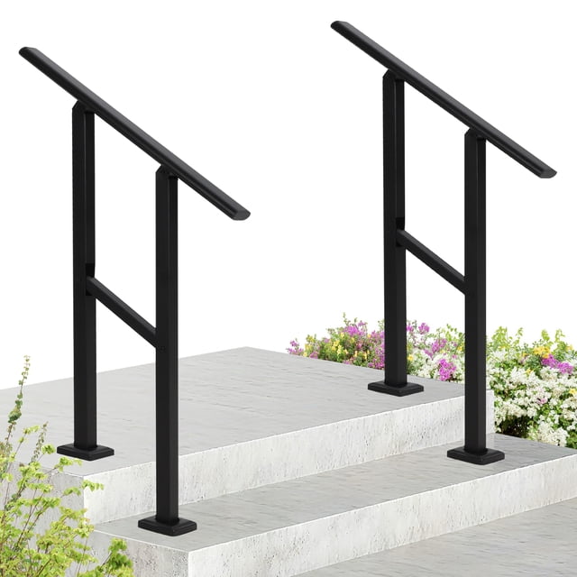 Adjustable 2-Step Metal Stair Hand Rail – Black Iron Railing Kit for Indoor and Outdoor Stairs – Stable 75° Angle, Easy Installation – Color: Black, Size: 2 Steps, 1 Piece