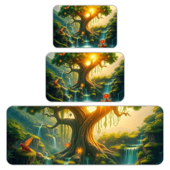 RKSupls Kitchen Rug Set 3 Piece Anti-Slip Flannel Floor Mats, Magic Tree Waterfall Washable Absorbent Runner Mats for Kitchen Bathroom Home Decor