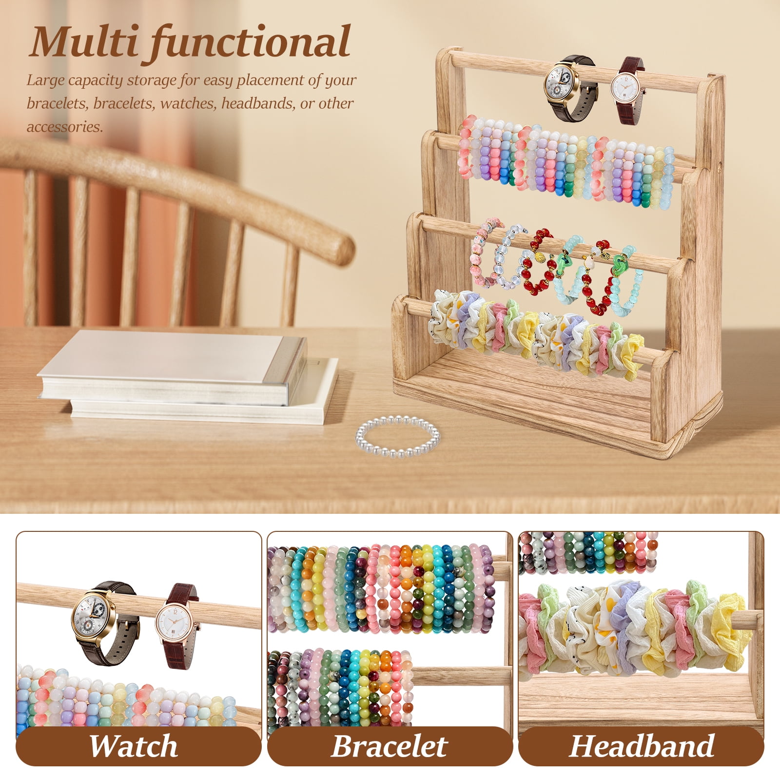 Wood Bracelet Holder 4 Tier Large Capacity Jewelry Organizer Display Stand Watch Hanger (woodcolor )