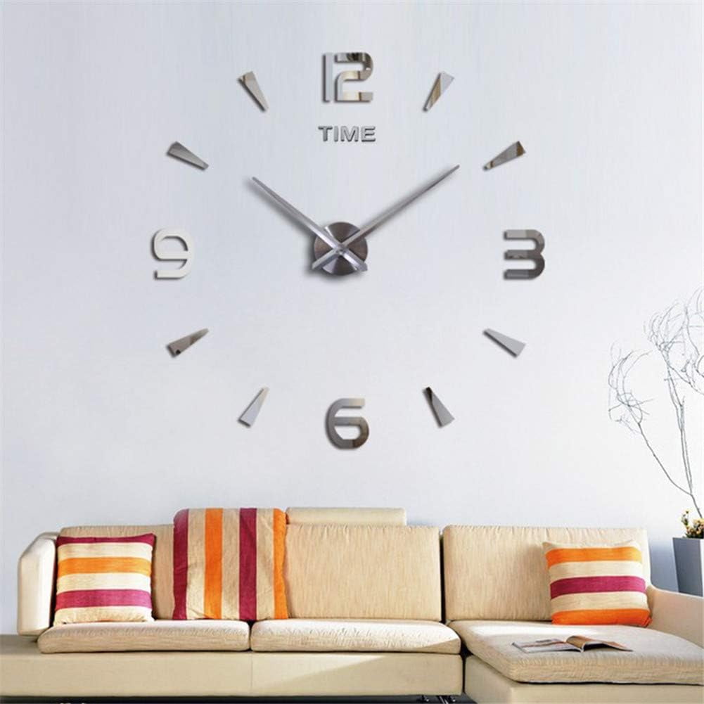 Large DIY Wall Clock Kit, 3D Modern Frameless Wall Clock with Mirror Number Stickers for Home Living Room Bedroom Office Decoration-Silver 022