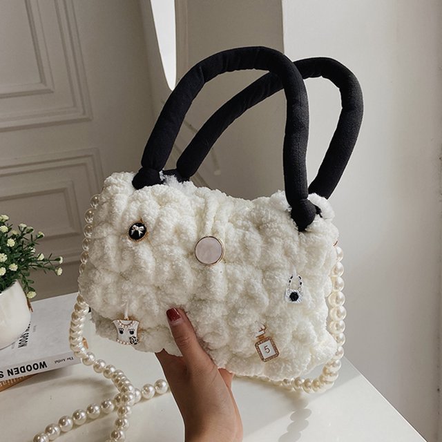 Bolso de mano de punto para mujer cartera con cadena de Ehuebsd perlas de felpa para regalo de otoño e invierno