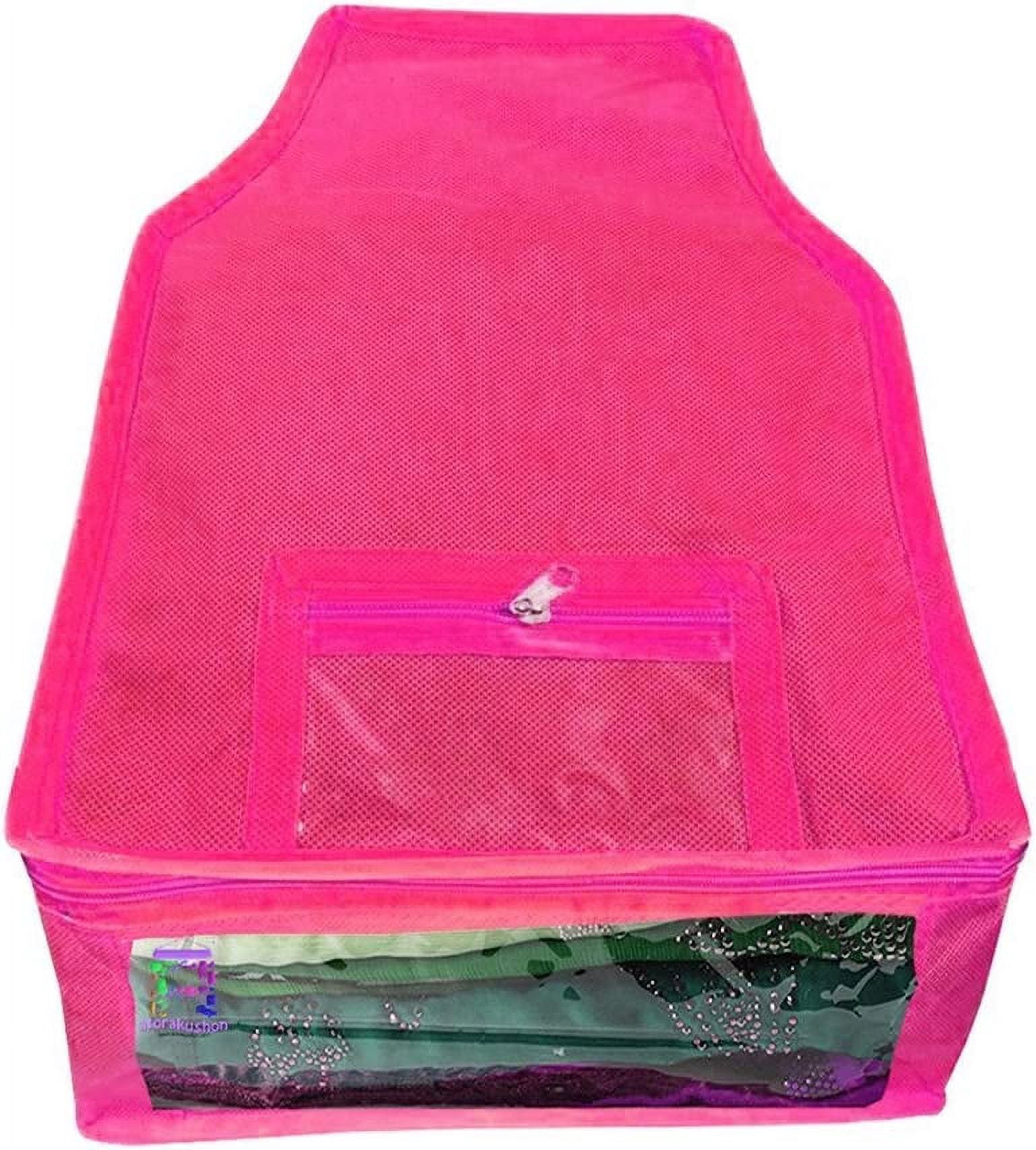 atorakushon Nonwoven Fabric 2 Saree and 2 Blouse Garments Clothing Storage Cover Bag Pouch Wardrobe Organizers with Clear Window view Zip Lock Pink