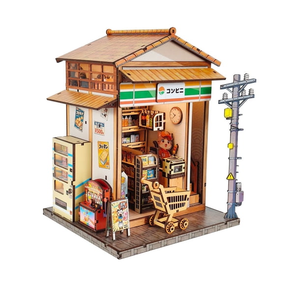 3d wooden puzzle for adults Sakura & Wisteria Alley Mart book nook with lights model kit dollhouse DIY miniature house Birthday and Christmas gifts