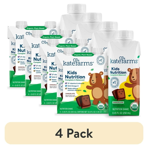 (4 pack) Kate Farms Kids Nutrition Shake, Chocolate, 4 Pack, 8.45 fl oz
