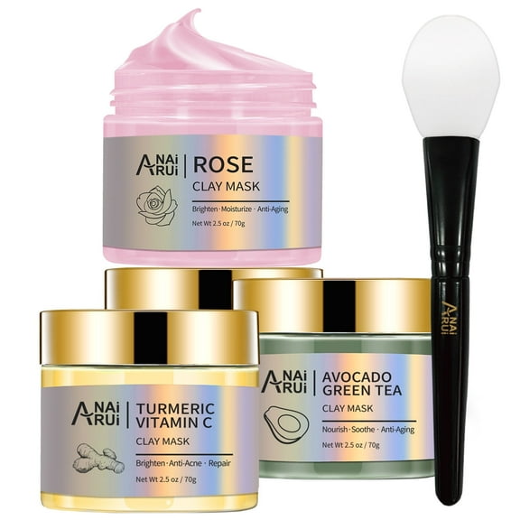 ANAiRUi Turmeric Vitamin C, Rose, Avocado Green Tea Mud Mask Set, 3 Pcs, Deep Cleansing, Dark Spot Purify Pores, SPA Mask