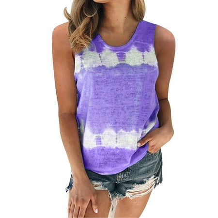 DondPO Tank Tops for Women Going Out Tops Womens Plus Size Summer Spring Summer Sleeveless Tie Dye Print Patchwork Crew Neck Tanks Tops(S 5XL) Corset Tops for Women Graphic Tees for Women Purple M