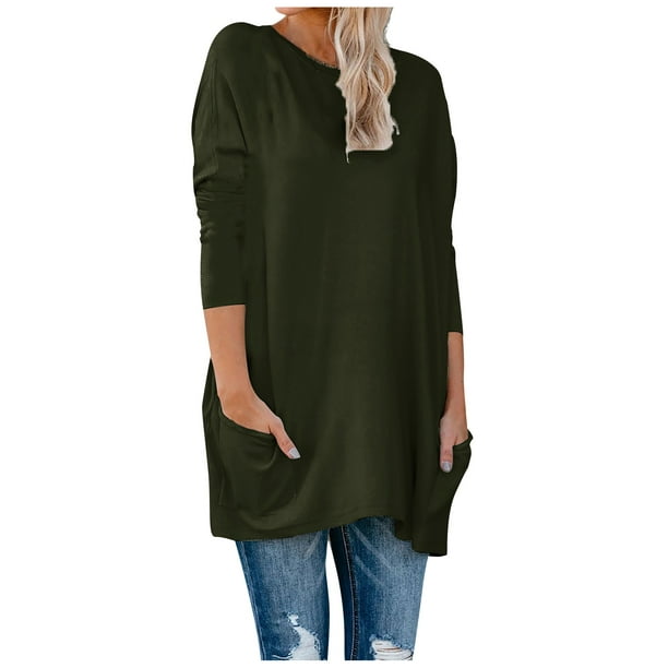 Tunic Tops to Wear with Leggings for Women Casual Crewneck Long Sleeve Tops  Comfy Baggy Fall Blouse with Pockets 
