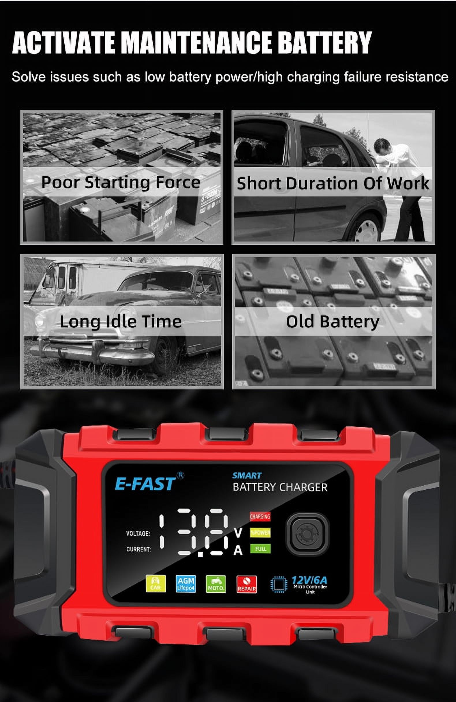 12V Car Battery Charger Automatic Lifepo4 Battery Tender AGM Repair Battery Maintainer 12 Volt Trickle Charger for Motorcycle