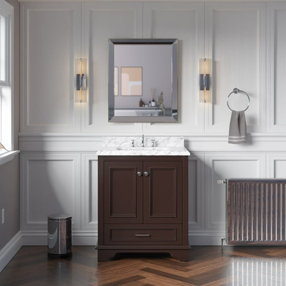KBC Nantucket 30" Wood Bathroom Vanity w/ Carrara Stone in Chocolate