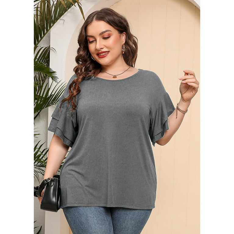SHOWMALL Plus Size Women Top Short Sleeve Gray 3X Tunic Shirt