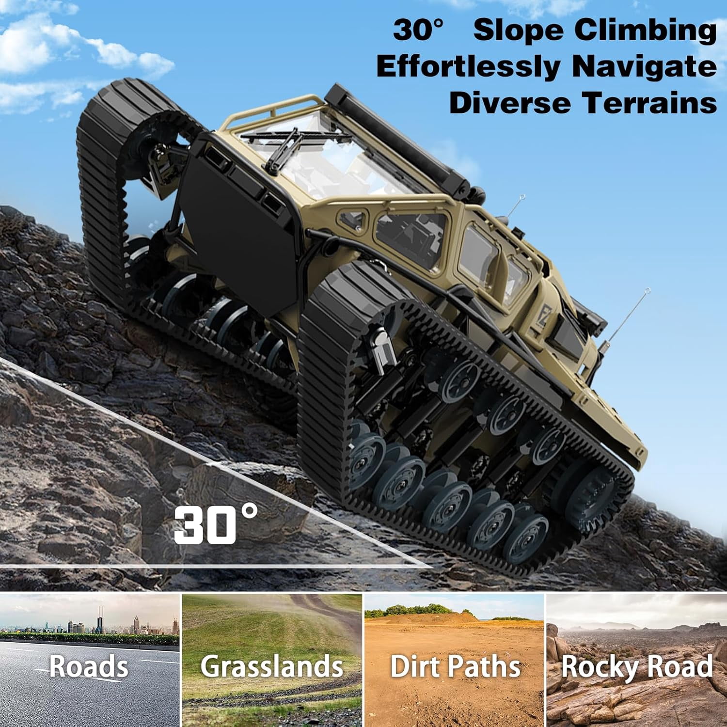 RC Tank Car, 1:16 Remote Control Crawler 10KM/H High Speed Tank, 2.4Ghz RC Rock Crawler Off-Road 4WD 360°Rotating Drifting Car with 2 Batteries, Military Truck Toy Gift for Kids