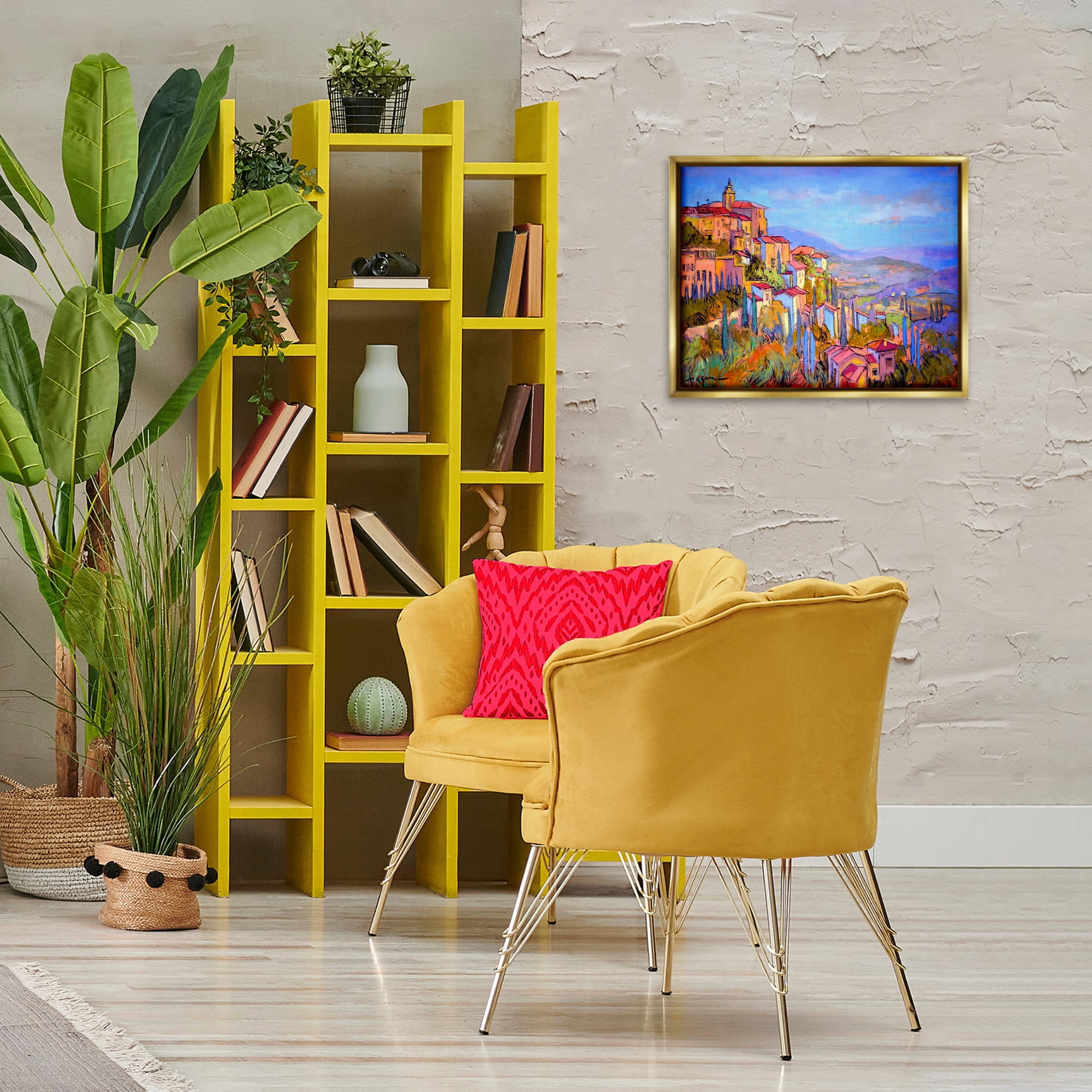 Stupell Industries Blue Shadowed Cityscape Landscape & Nature Painting Gold Floater Framed Canvas Art Print Wall Art, 21 x 17