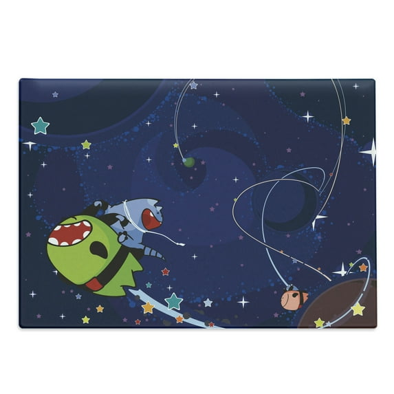 Space Cat Cutting Board, Cartoon Kittens Alien Creatures Stars Planets on Abstract Backdrop, Decorative Tempered Glass Cutting and Serving Board, Large Size, Green Brown Dark Blue, by Ambesonne