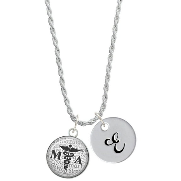 Delight Jewelry Silvertone Domed Black MA Silvertone Script Initial Disc - E - Charm Necklace, 20" 3"