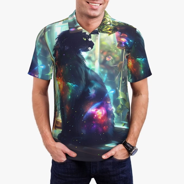Xecao Cosmic Cat In Window Pattern Men’s Polo Shirt with Buttoned Collar Soft Breathable Casual Polo Shirt for Work, Leisure, and Outdoor Activities-4X-Large